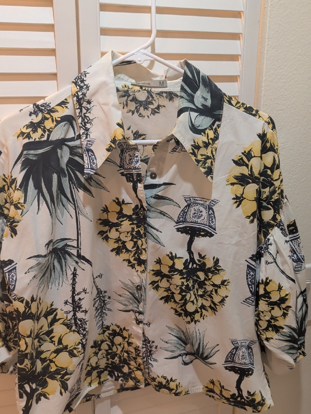 Tropical Floral Button-Up Shirt in  Antique White, Yellow & Blue